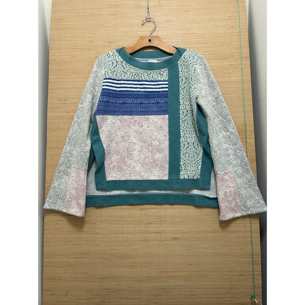 Anthropologie Postmark Mixed Media Patchwork Knit Top Teal Small Snap Side Vents